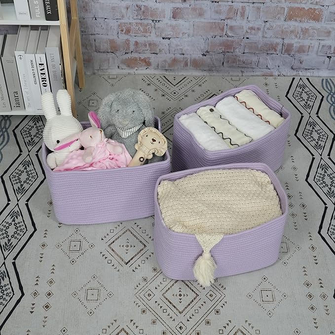 Cotton Rope storage Basket Bins Woven Basket for Organizing Shelves Rectangle Decorative Baskets For storage Clothes Toys Books Towels Square Wicker Nursery basket organizer 3 pack purple lavender