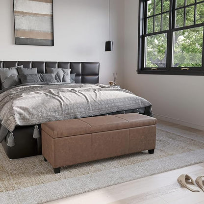 BELLEZE Storage Faux Leather Ottoman, 47 Inch Bench Bedroom Bench with Safety Close Hinge, Extra Long Ottoman with Storage for Living Room, Entryway, Foot Rest, Support 300lbs - Rustic Brown