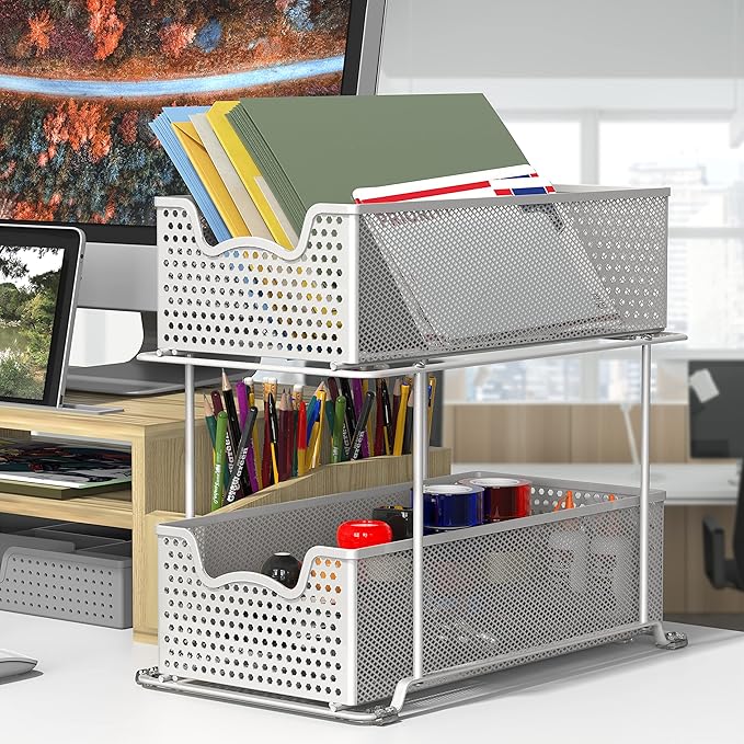 Simple Houseware 2 Tier Sliding Cabinet Basket Organizer Drawer, White