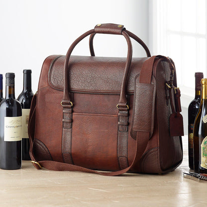 Wine Enthusiast 6-Bottle Leather Wine Tote Bag | Handcrafted Leather Wine Carrier with Dividers | Secure Buckle & Zipper Closure | Portable Wine Cooler Bag for Picnics, Travel & Parties | Wine Gifts