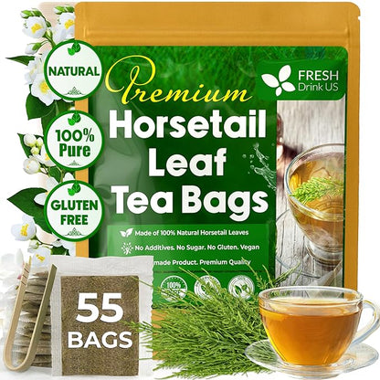 FreshDrinkUS, Premium 55 Horsetail Leaf Tea Bags, 100% Natural & Pure from Horsetail Loose Leaves Herbal Tea. Made with Natural Material Tea Bags. No Sugar, No Caffeine, No Gluten, Vegan.