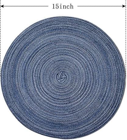 FunWheat Round Braided Placemats Set of 4 Place mats for Dining Tables Woven Heat Resistant Table Mats 15 inch (E Klein Blue, 4pcs)