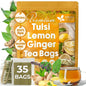FreshDrinkUS, Premium 35 Tulsi Lemon Ginger Tea Bags, 100% Natural & Pure from Tulsi Holy Basil Leaves, Lemon and Ginger. Made with Natural Material Tea Bags. No Sugar, No Caffeine, Vegan.