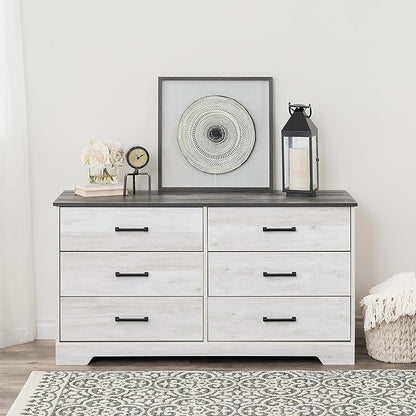 Prepac Rustic Ridge Farmhouse 6-Drawer Double Dresser, Washed White Dresser for Bedroom, Chest of Drawers with 6 Storage Drawers, 53.25” wide x 18.25” deep x 28.5” tall, Washed White