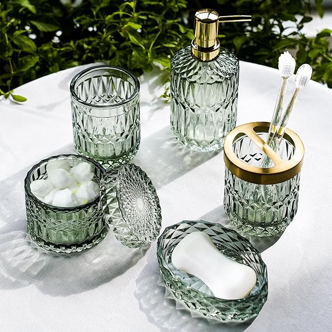 Bathroom Accessory Set, 5 Pcs Glass Bathroom Accessories Set with Lotion Dispenser,Toothbrush Holder, Soap Dish,Tumbler, Cotton Swab Jars, Home Set for Christmas/Housewarming, Modern Bathroom Decor