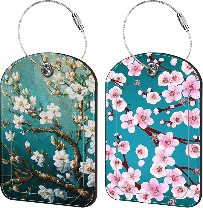 Blossoming Almond Tree Luggage Tag for Suitcase Set of 2 PU Leather Cute Luggage Tags with Stainless Metal Loop ID Label Privacy Flap Suitcase Tags for Women and Men Travel