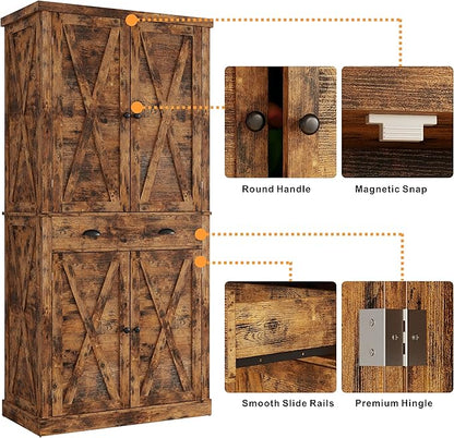 IRONCK Kitchen Pantry Storage Cabinet 72.6" H, with Barn Doors, Drawer, 4 Adjustable Shelves, Freestanding Cupboard for Dining Room Living Room, Laundry, Vintage Brown