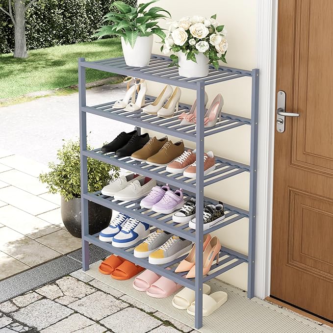 Smiry Shoe Rack, 5 Tier Thick Bamboo Shoe Organizer, Stackable Free Standing Wooden Shoe Storage Shelf for Closet, Entryway, Front Door Entrance, Grey