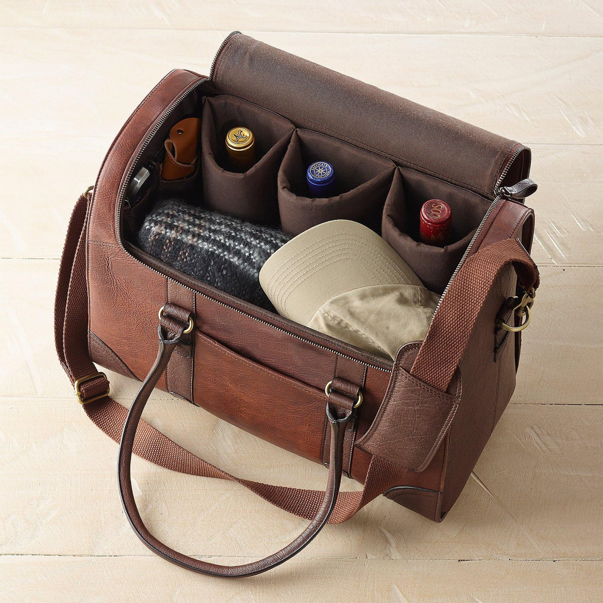 Wine Enthusiast 6-Bottle Leather Wine Tote Bag | Handcrafted Leather Wine Carrier with Dividers | Secure Buckle & Zipper Closure | Portable Wine Cooler Bag for Picnics, Travel & Parties | Wine Gifts