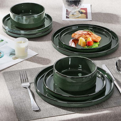Herogo Plates and Bowls Dinnerware Sets for 8, 24 Pieces Ceramic Stoneware Dinner Dishes Set, Rustic Terracotta Bottom, Dishwasher & Microwave Safe, Dark Green