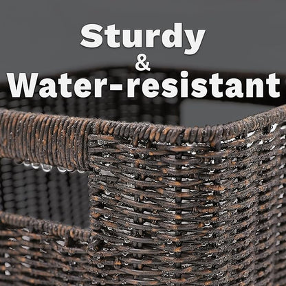 myHomeBody Wicker Storage Basket, Storage Cubes, Woven Baskets for Organizing, Resin Wicker Set of 3, Rustic Brown