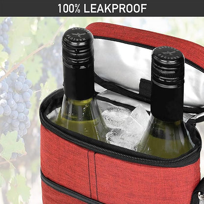 opux 2 Bottle Wine Carrier Tote, Insulated Leakproof Wine Cooler Bag, Wine Travel Bag for Picnic BYOB Beach, Portable Wine Bottle Carrying Case, Gift for Wine Lover Women Men Christmas, Red