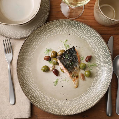 Gibson Elite Jasper 16 Piece Plates and Bowls Reactive Glaze Dishes Stoneware Ceramic Dinnerware Set - Service for 4 - Taupe