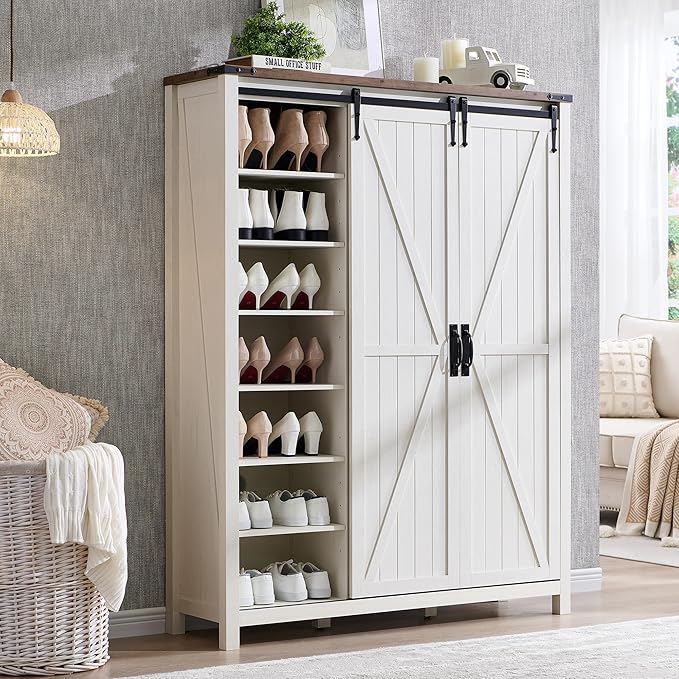 OKD Shoe Storage Cabinet with 2 Sliding Door, 7-Tier 62" Tall Farmhouse Entryway Shoe Organizer, Freestanding Rustic Hidden Shoe Rack Cabinet for Entryway, Antique White