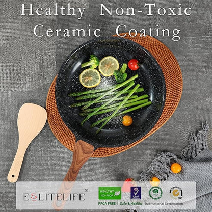 ESLITE LIFE Nonstick Ceramic Frying Pan Skillet, Non-Toxic Egg Omelette Kitchen Cooking Pans Compatible with All Stovetops (Gas, Electric & Induction), PTFE & PFOA Free (Black, 8'')