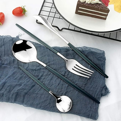 JASHII Flatware Serving Set 24 Piece, Stainless Steel Silverware Set, Green Silver Cutlery Set, Modern Elegant Tableware Set for Party, Christmas, Dinner (Green Silver)