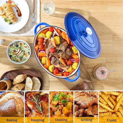 Velaze 7.5 QT Enameled Oval Dutch Oven Pot with Lid, Cast Iron Dutch Oven with Dual Handles for Bread Baking, Cooking, Frying, Non-stick Enamel Coated Cookware（Blue)