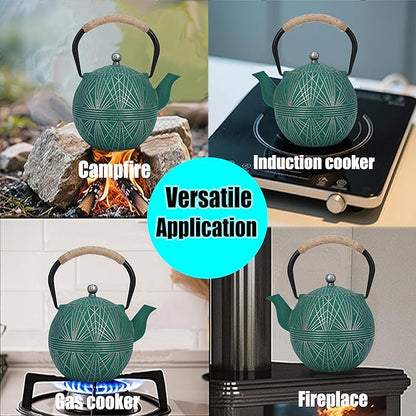 Enameled Cast Iron Teapot 34oz（1000ml） - Japanese Style Kettle with Removable Stainless Infuser & Ergonomic Handle, Stovetop Safe for Loose Leaf Tea Green and silver (Green and silver)