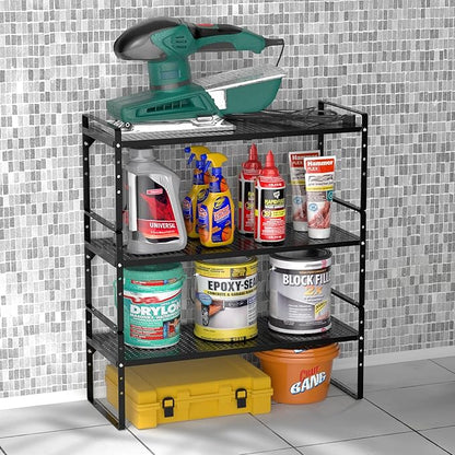 iPEGTOP 3 Pack Large Expandable Cabinet Storage Shelf, Heavy Duty Stackable Steel Metal Spice Rack Adjustable Height Home Office Pantry Garage Shelves for Counter Kitchen Organization, Black