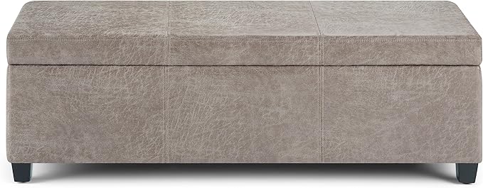 SIMPLIHOME Avalon 48 inch Wide Contemporary Rectangle Storage Ottoman Bench in Distressed Grey Taupe Vegan Faux Leather, Assembled, for the Living Room, Entryway and Family Room