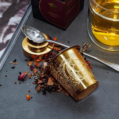 Premium Stainless Steel Tea Infuser Basket Gift Set - Gold Plated Loose Leaf Tea Steeper with Floral Engraved Lid, Stand & Fine Mesh Filter | Best Tea Strainer for Tea Lover