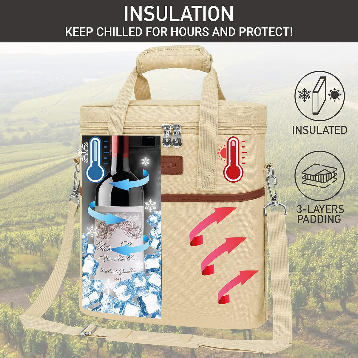 OPUX 3 Bottle Wine Carrier Tote, Insulated Leakproof Wine Cooler Bag, Wine Travel Bag Tote for Picnic Beach, Portable Wine Bottle Carrying Case, Gift for Wine Lover Women Men Christmas, Beige Cream
