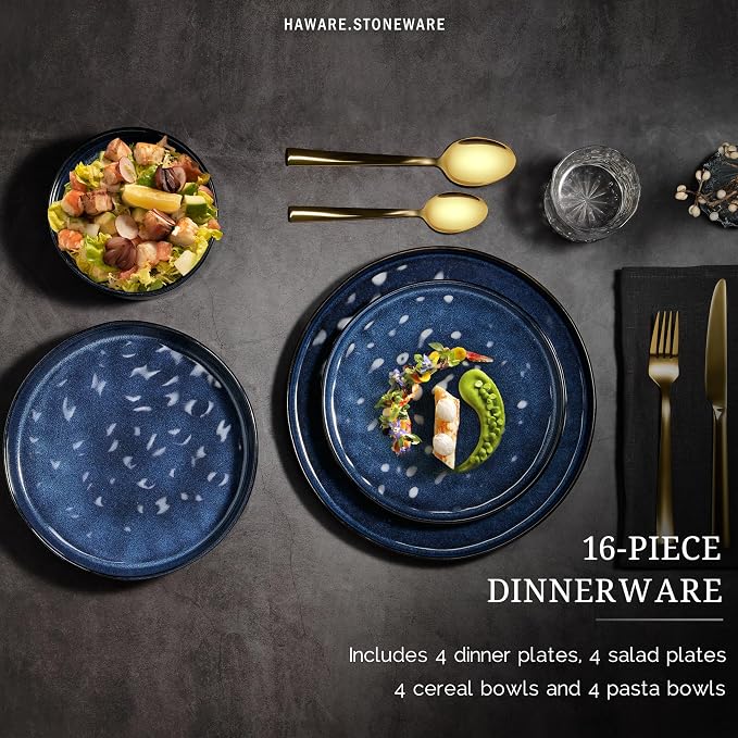 HaWare Dinnerware Sets, 16-Piece Plates and Bowls Set, Reactive Starry Blue |