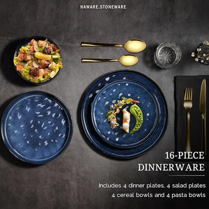 HaWare Dinnerware Sets, 16-Piece Plates and Bowls Set, Reactive Starry Blue |