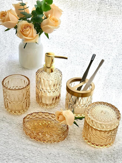Clear Gold Bathroom Accessorries Set, 5Pcs Glass Bathroom Accessories, Lotion Soap Dispenser, Toothbrush Holder Set, Soap Dish, Tumbler, Qtips Holder for Bathroom Vanity Decor, Yellow Gold