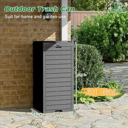 Outdoor Trash Can, 31 Gallon Garbage Can with Tiered Lid and Drip Tray, Waterproof Resin Patio Waste Bin for Garden, Backyard, Deck