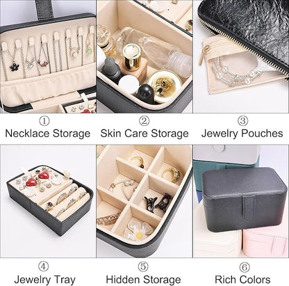 2 Layer Portable Jewelry Box, Large Jewelry Travel Case with 4 Jewelry Pouches, Medium Size Jewelry Organizer Box for Earrings, Necklaces, Bracelets (black)