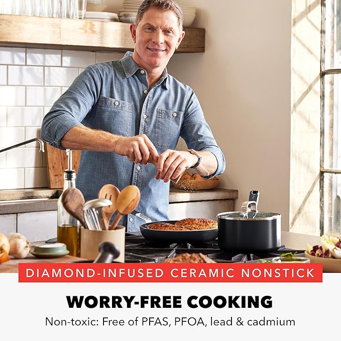 GreenPan x Bobby Flay 13 Piece Nonstick Cookware Pots and Pans Set, PFAS-Free Diamond Ceramic, Induction Suitable, Easy Clean Dishwasher & Oven Safe, Stay-Cool Silicone Handles, Glass Lids, Black