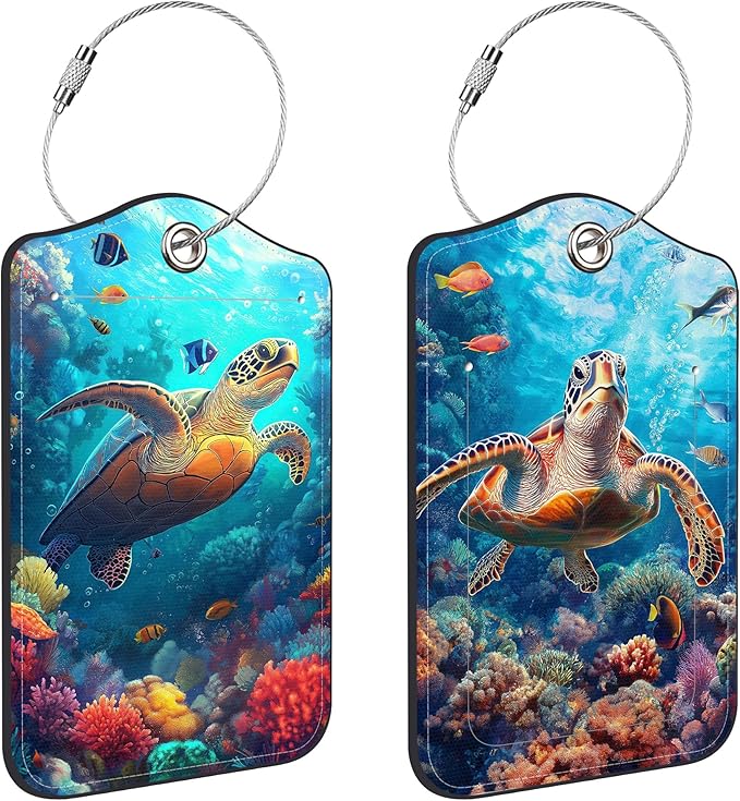 Sea Turtle Luggage Tags for Suitcases Leather Travel Tags for Luggage ID Label with Privacy Cover and Stainless Steel Loop for Men Women Suitcase Backpack, Set of 2