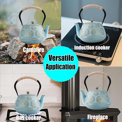Japanese Tetsubin Cast Iron Teapot, 40oz (1200ml) Enamel-Coated Stovetop Kettle with Stainless Steel Infuser & Heat-Resistant Handle, Traditional Iron Pot for Tea Ceremony (blue and gold)