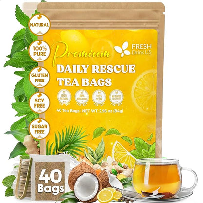 FreshDrinkUS, Premium 40 Tea Bags Daily Rescue Lemon Ginger Tea - 9 Superherbs – 100% Natural Ingredients, Tea Mix for Wellness Boost - Shelf-Stable, Caffeine-Free, Sugar-Free, Vegan
