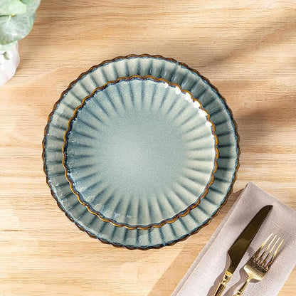 GBHOME Stoneware Dinnerware Sets for 4,Handcrafted Embossed Design Reactive Glaze Ceramic Plates and Bowls, Dishwasher and Microwave Safe, Service for 4(12pcs) (Space Blue, Service for 4)
