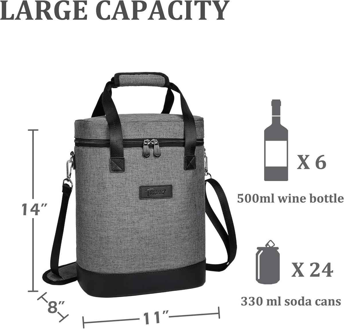 Tirrinia 6 Bottle Wine Cooler Bag - Insulated Padded Portable Versatile Wine Gift Carrier Tote Bag for Travel, BYOB Restaurant, Wine Tasting, Party, Pecfect Gift for Wine Lover, Grey