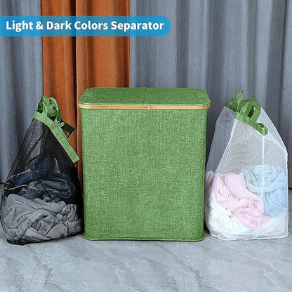 efluky Laundry Hamper with Lid, Double Laundry Hamper with 2 Removable Bags, 2 Section Laundry Basket with Bamboo Handles for Bathroom, Bedroom & Laundry Room,140L Green