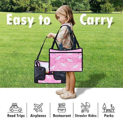 Kids Travel Tray, Car Seat Tray for kids Travel, Toddler Road Trip Essentials With Drawing Kit, Toddler Lap Desk Organizer for Car, Carseat Table for Airplane