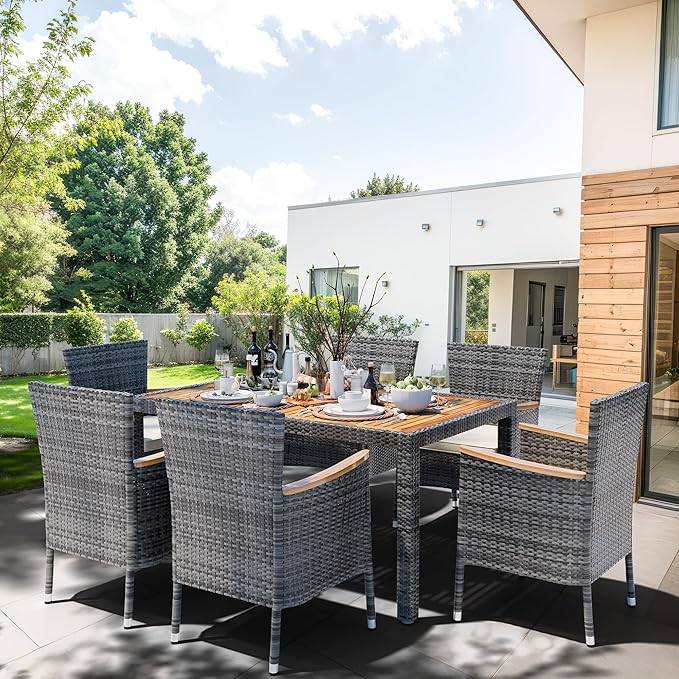 Shintenchi 7 Piece Patio Dining Set, Wicker Patio Conversation Set