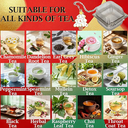Christmas Themed Tea Infuser Set, 2 PCS Cubic Tea Strainers for Loose Leaf Tea, Reusable Stainless Steel Mesh Tea Ball, Tea Steeper with Christmas Tree and Love House Pendant