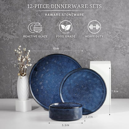 HaWare Dinnerware Sets, 12-Piece Plates and Bowls Set, Reactive Starry Blue |