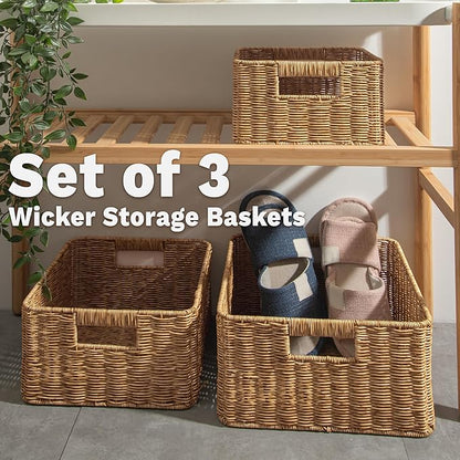 myHomeBody Wicker Storage Basket, Storage Cubes, Woven Baskets for Organizing, Resin Wicker Set of 3, Tan