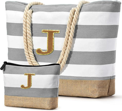 Becokan Beach Bag Initial Beach Tote with Makeup Bag for Travel Work Storage Personalized Birthday Gifts for Women Her