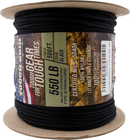 TOUGH-GRID 550 Paracord Rope Nylon Parachute Cord, Made in USA Survival Kit, Outdoor Adventures, Camping, Tactical Gear & Emergency Supplies, Military Type III Mil-Spec