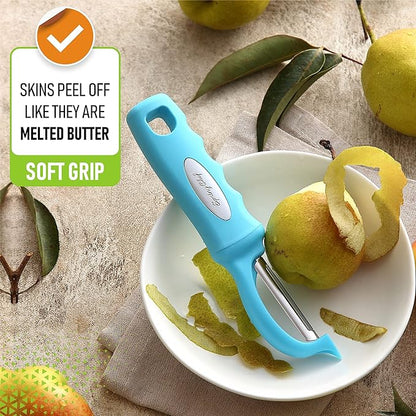 Spring Chef Premium Stainless Steel Vegetable Peeler for Kitchen, Dishwasher Safe Potato Peelers with Non-Slip Handle, Peel Apple, Fruit, Veggie, Carrot, Mango - Set of 2 - Aqua Sky