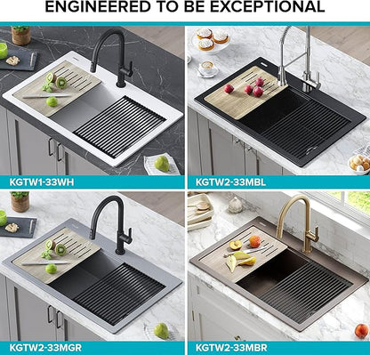 KRAUS Bellucci Workstation 33" Single Bowl Granite Kitchen Sink in Metallic Black w/Accessories, KGTW2-33MBL, Includes Dish Drainer/Dish Drying Rack
