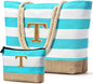 Becokan Beach Bag Initial Beach Tote with Makeup Bag for Travel Work Storage Personalized Birthday Gifts for Women Her