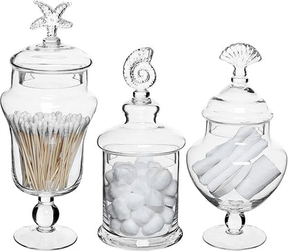 MyGift Clear Glass Apothecary Jars with Lid, Decorative Seashell Design Bathroom Canister, Footed Candy Buffet Containers, Set of 3
