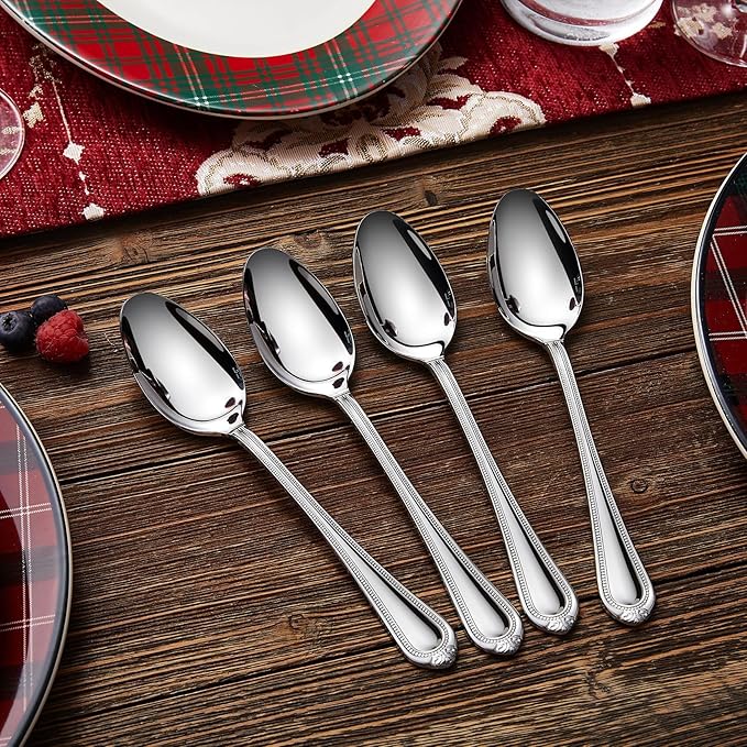 KEAWELL Pearl Edge 4-Piece Premium Spoon Set, 18/10 Stainless Steel, Fine Silverware Spoons with Refined Bead Design, Brightly Polished, Dishwasher Safe (Silver, 7.56" Dinner Spoons)